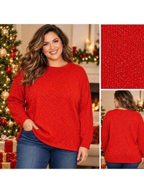 VTG Carly Blake Red Metallic Lurex Sparkle Sweater Womens XL Made USA Holiday